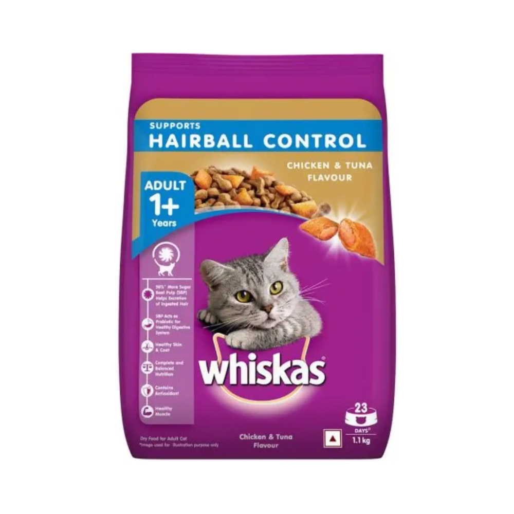 Whiskas Dry Cat Food for Adult Cats Supports Hairball Control Chicken Tuna Flavour