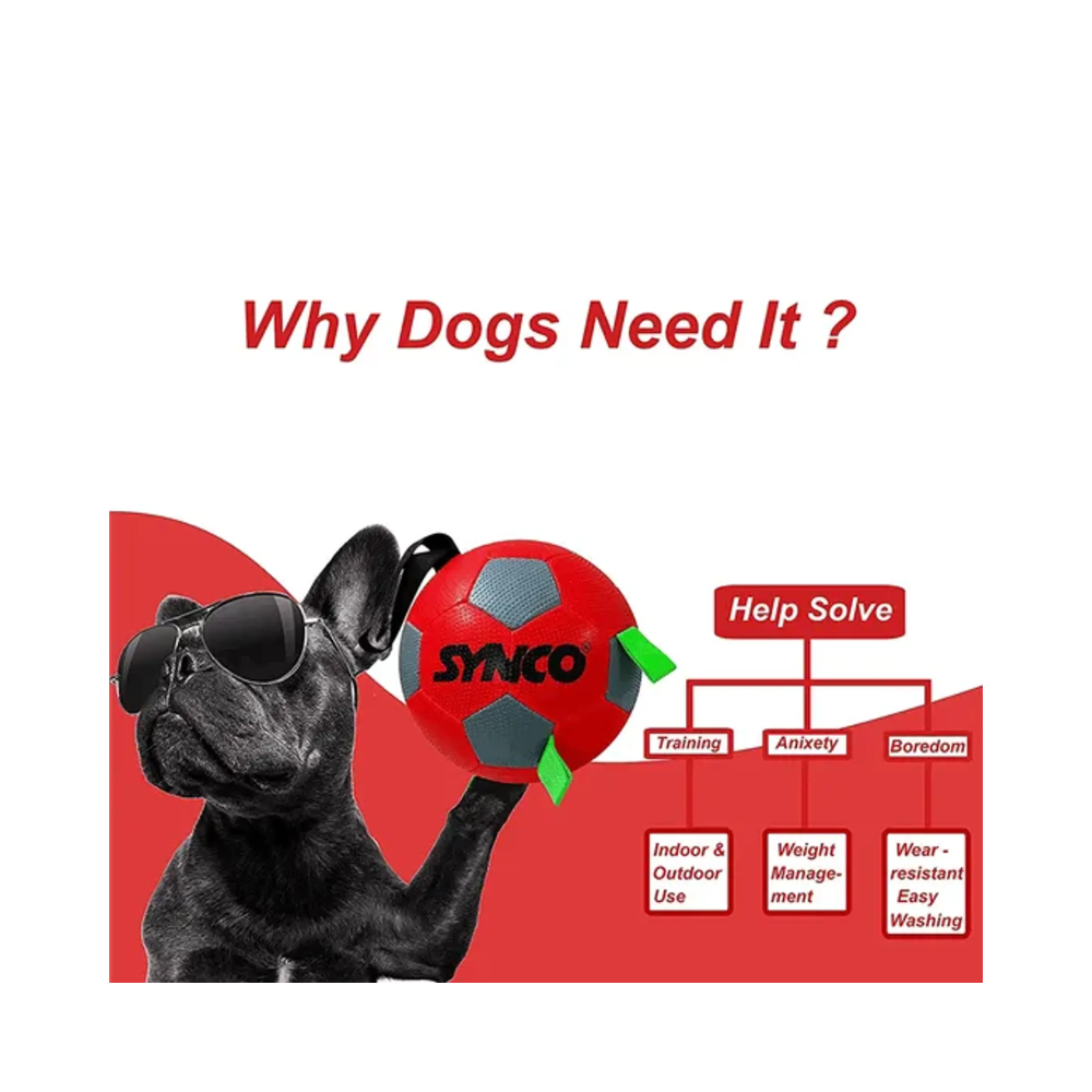 Synco Dog Ball Red with Green Holding Loops Football Dog Toy Size 3 - Image 3