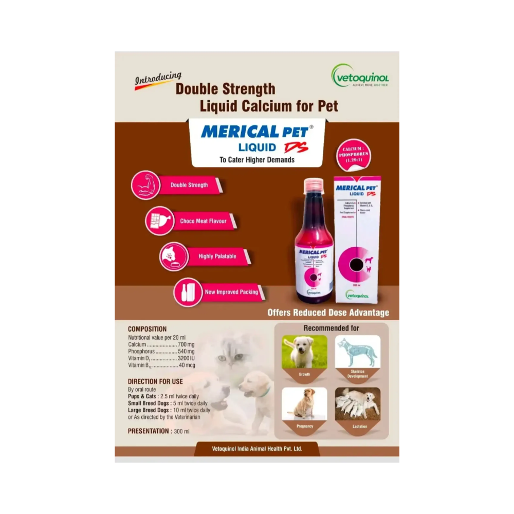 Vetoquinol Merical Pet Calcium Phosphorus Supplement Liquid 300 ml