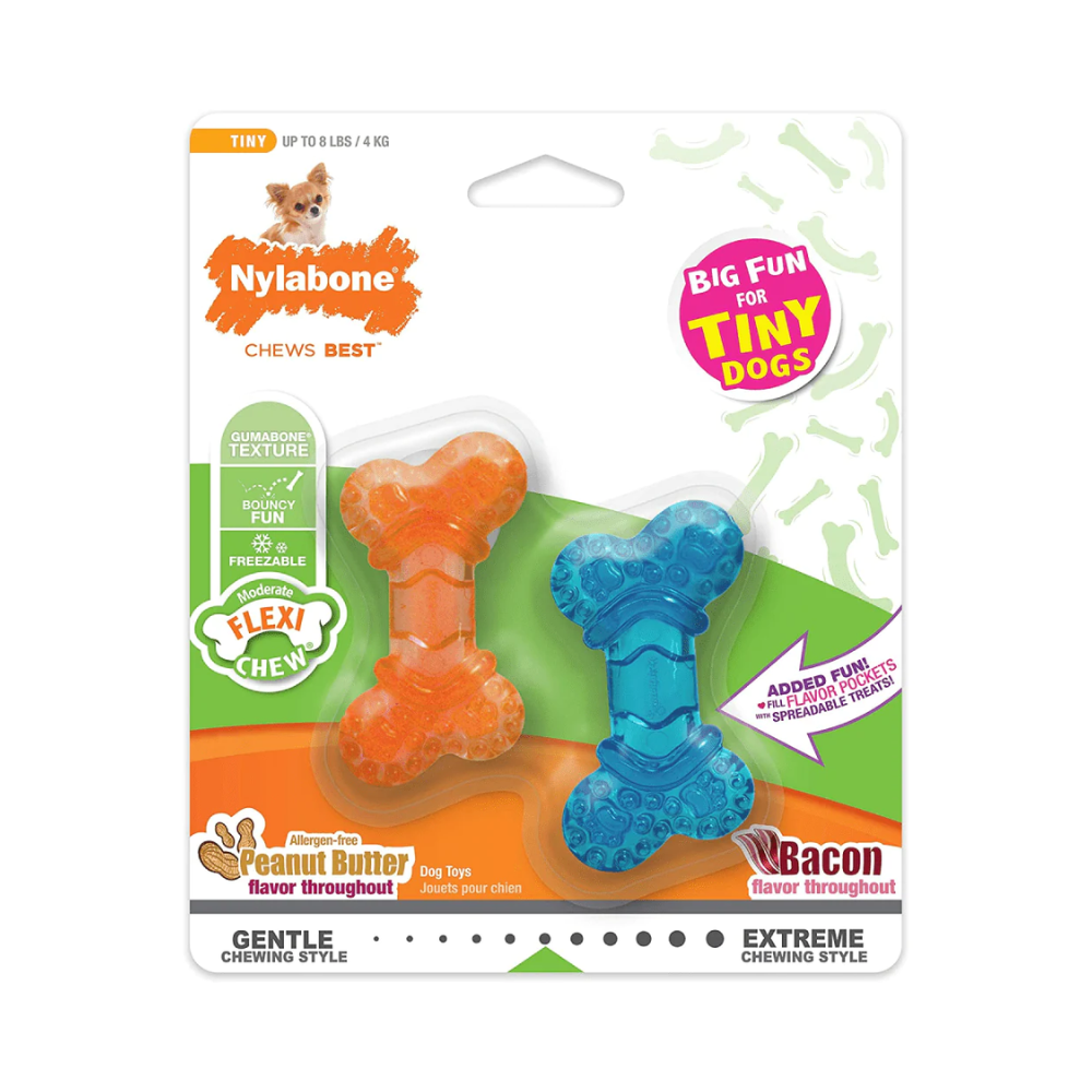 Nylabone Puppy Teething Peanut Butter and Bacon Flavoured Flexi Chew Bone Toy for Dogs Orange Blue